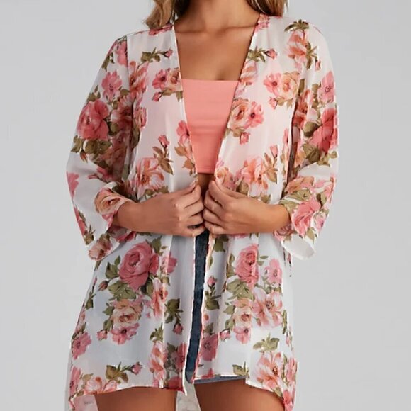 WINDSOR Cream Ivory Pink Floral Sheer Short Sleeve Oversized Kimono Cardigan Top - Picture 4 of 10